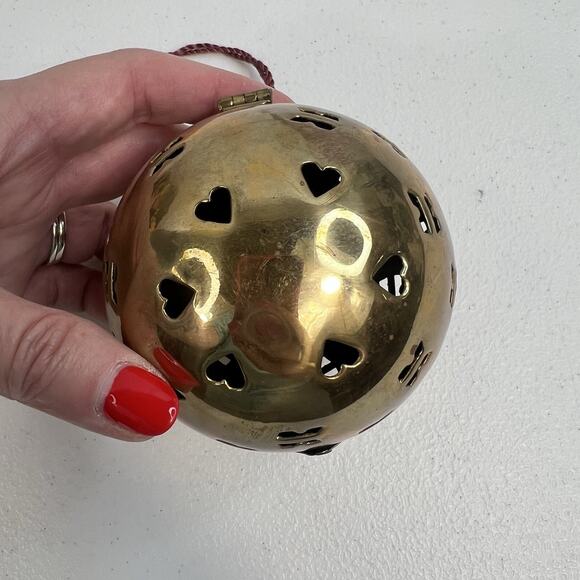 Vtg Brass Friendship Hanging Pierced 3" Potpourri Ball Orb Christmas Ornament - Picture 5 of 9